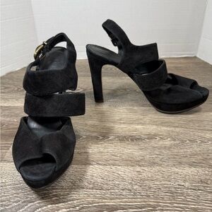 J. Crew Shoes sz:7.5 Black Suede Leather Strappy 4" Heels Quiet Luxury Girlboss